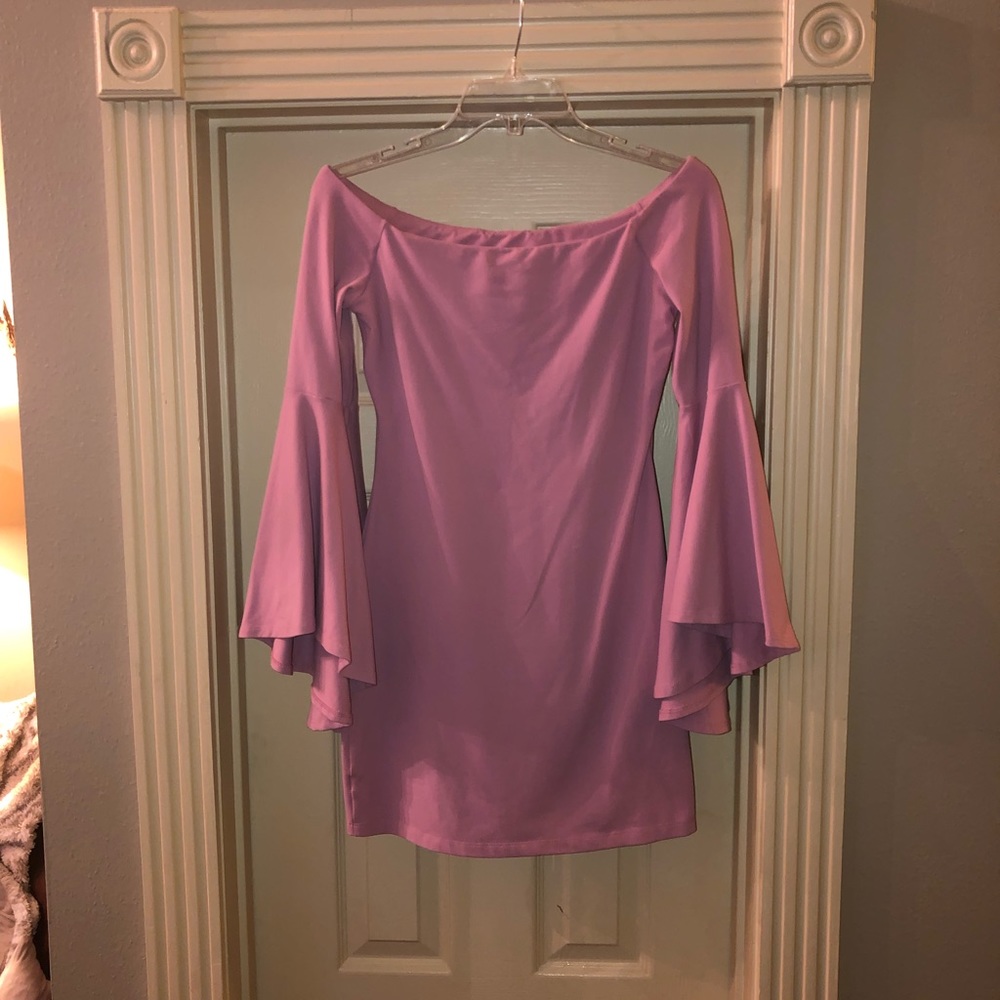 Lavender fitted dress with bell sleeves